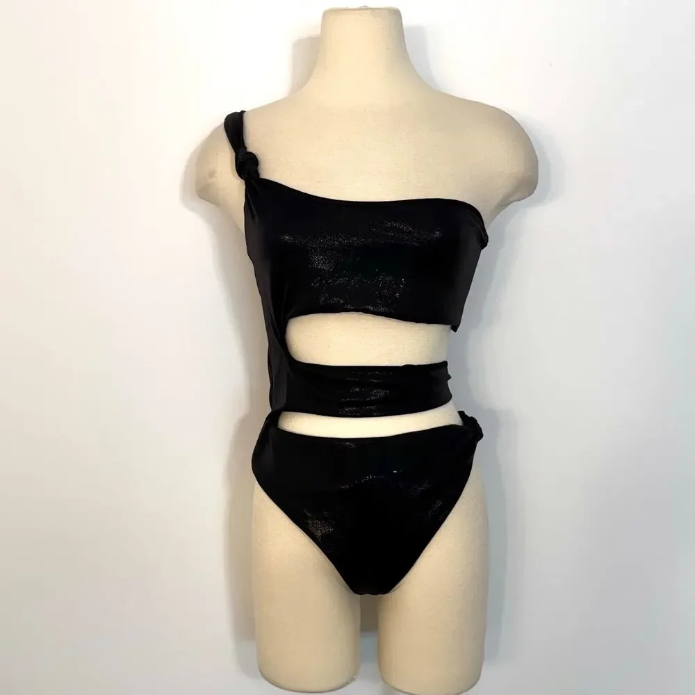 SKIMS Liquid Shine Swim Knotted One Shoulder Monokini Swimsuit Onyx L NWT